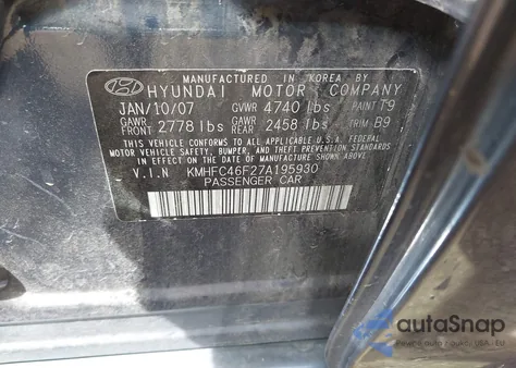 2007 Hyundai Azera Limited/Se z USA, uszkodzony, nr VIN KMHFC46F27A195930